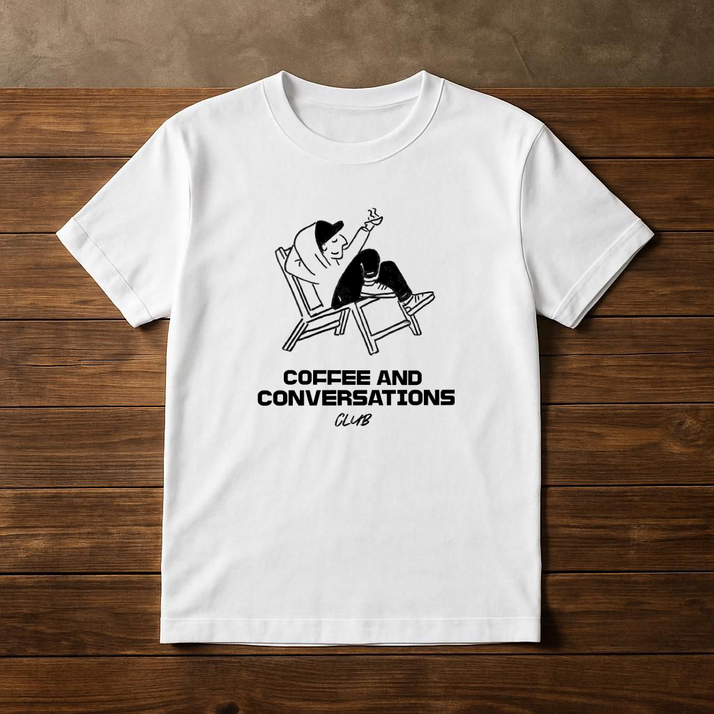 Coffee and Conversations Graphic T-Shirt | Minimal Illustration Quote Tee | Unisex Premium Cotton